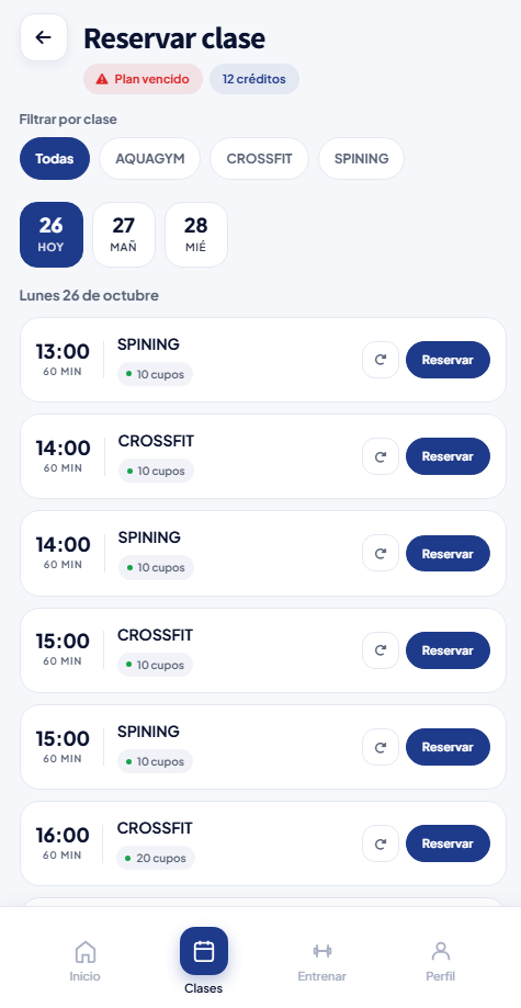Reserva de una clase desde la app del socio