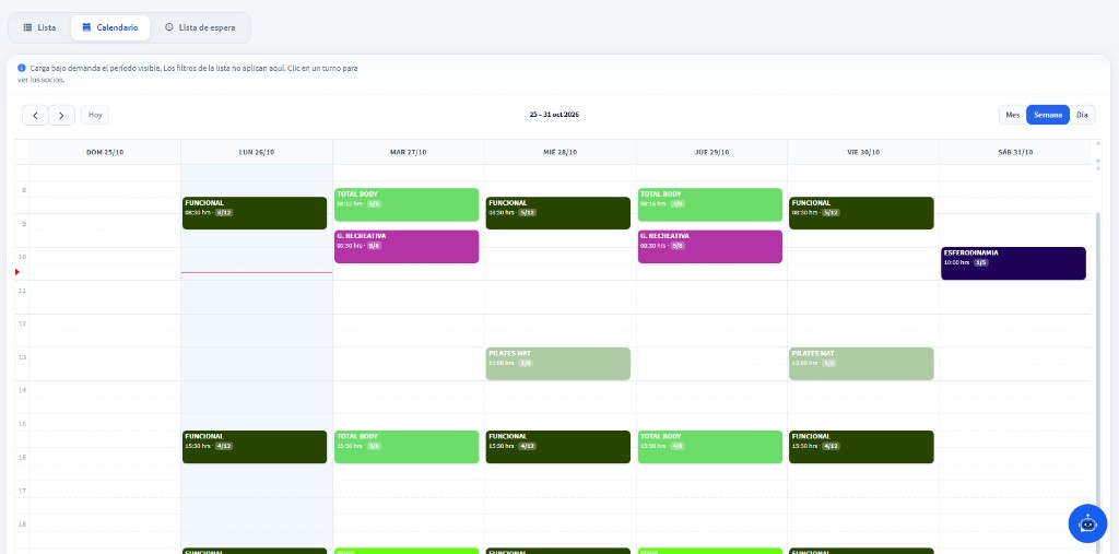 Calendario de reservas de clases en el panel de SmartGym